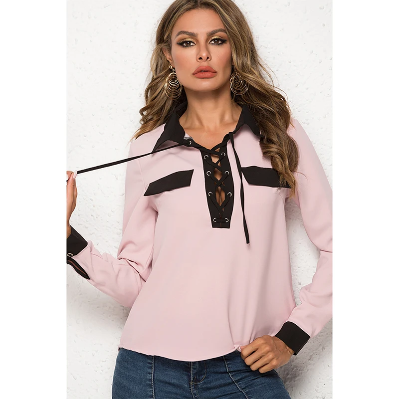 

Повседневная Блузка на шнуровке, рубашка, женская черная блузка с длинным рукавом, женская одежда с отложным воротником, весенние топы для о...