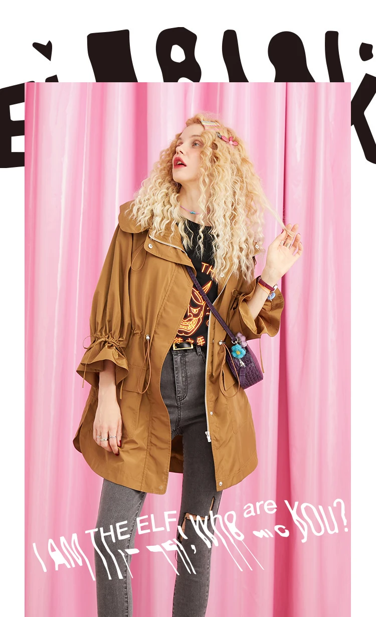ELFSACK New Women Trench Coats,Fashion Casual Turn-down Collar Hooded Female Trench Coat Autumn Streetwear Clothing
