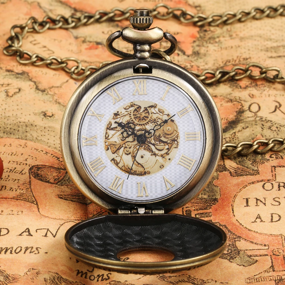 Vintage Pocket Watch Bronze Hollow Gear Engraving Pattern Quartz Pocket Watch Necklace Pendant Clock Chain Men Women Gift