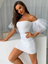 Srubí vestido de Color puro para mujer, malla plisada Sexy, manga abombada, ajustado, falda envuelta en la cadera, novedad de Otoño de 2021 (3)