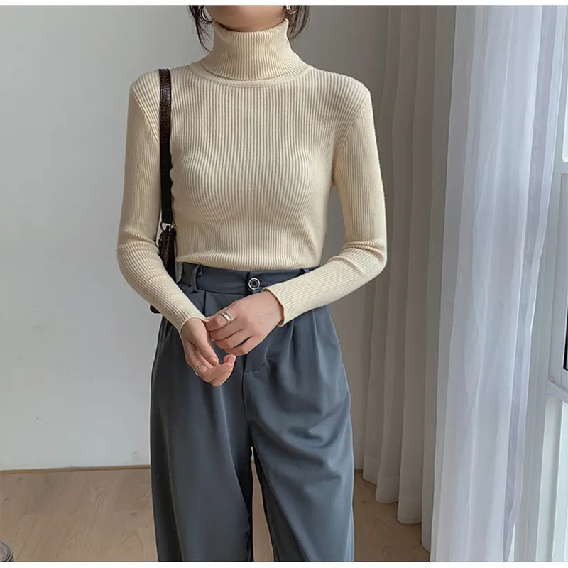 

2021 Spring Women Sweaters Female Knitted Pullover Tops Solid Turtleneck Elasticity Thin Elegant Office Lady Casual All Match