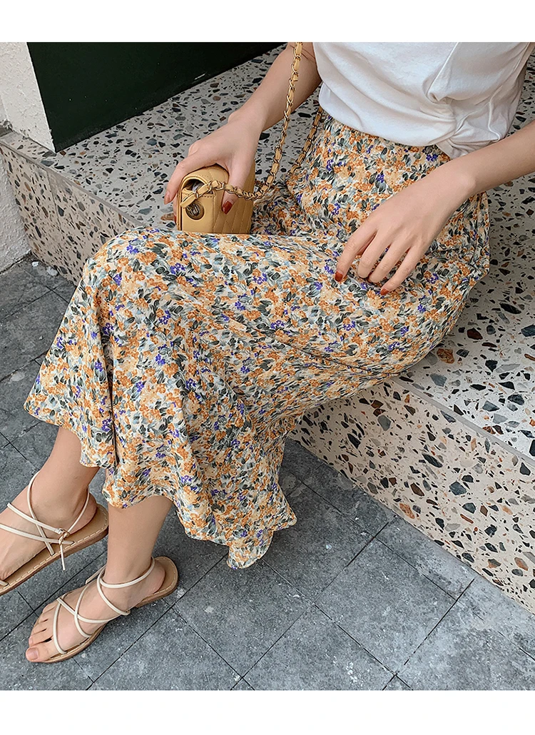 

Purple Floral Fishtail Skirt Chiffon Skirt Women's Spring Long High Waist A-line Skirt Drape Skirt Over Knee Skirt