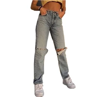 ripped women cargo jeans straight leg long pants ladies light blue jeans fashion loose high waist vintage baggy denim pants 6303