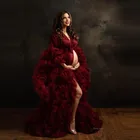 Индивидуальный заказ бордового цвета с фатиновой юбкой из органзы, платья для будущих мам, очень Пышное одежда с длинным рукавом спереди открыть с пояс-бабочка оборками Беременность Dr