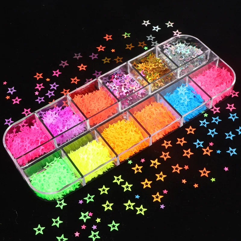 

12Set 12 Grids Fluorescence Glitter Star Nail Sequins Neon Pigment Art Glitter Flakes Decorations Nails Accessoires Wholesaler