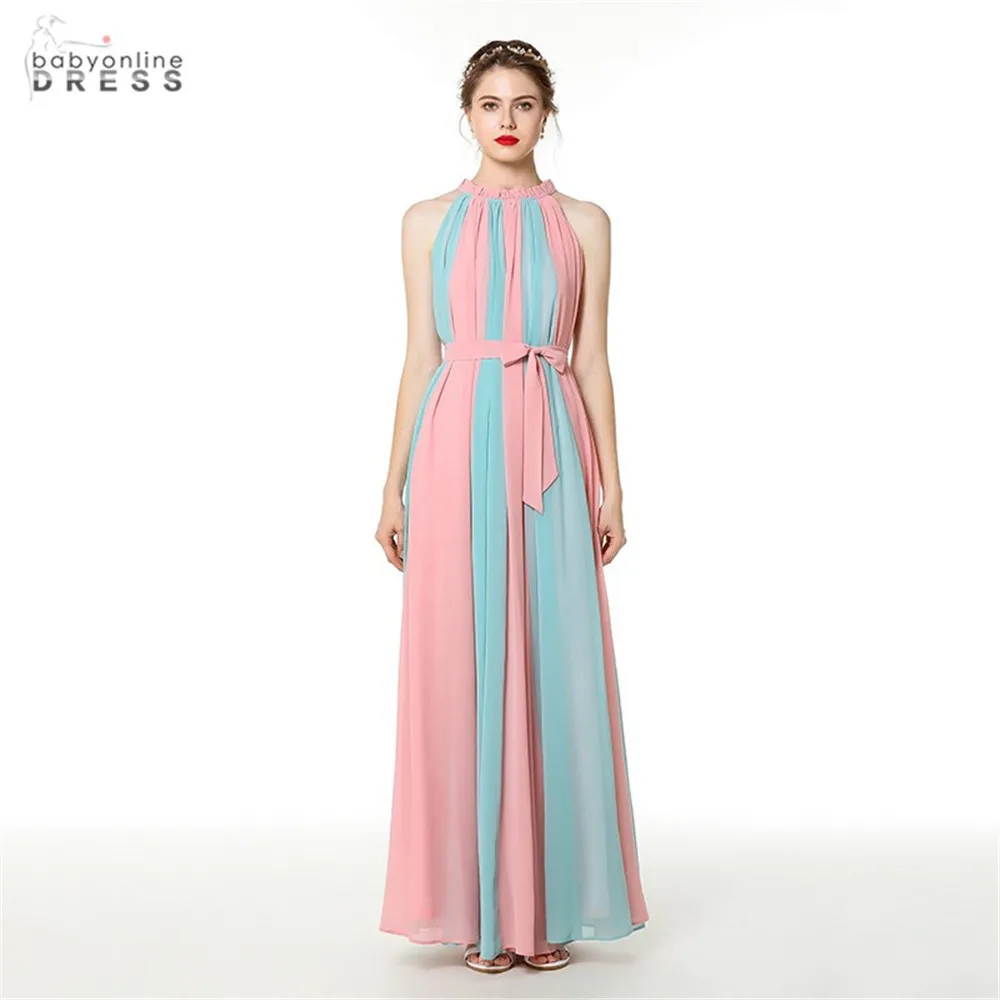 Женское вечернее платье-трапеция, длинное шифоновое платье контрастных цветов с бантом, длинное платье
