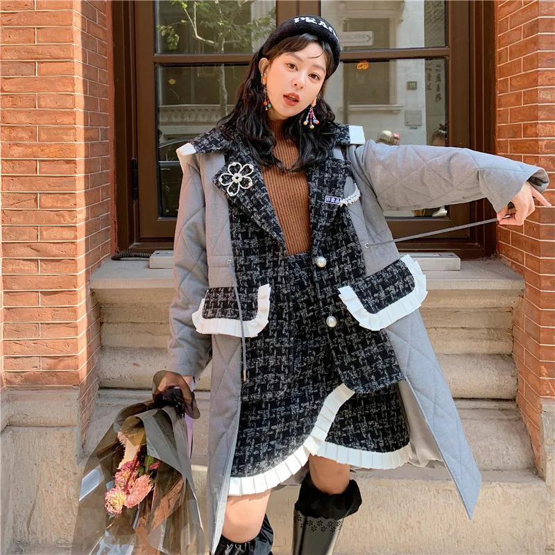 

SuperAen оригинальный мозаика контрастного Плиссированное лоскутное шнурок, куртка с хлопковой подкладкой, пальто Для женщин