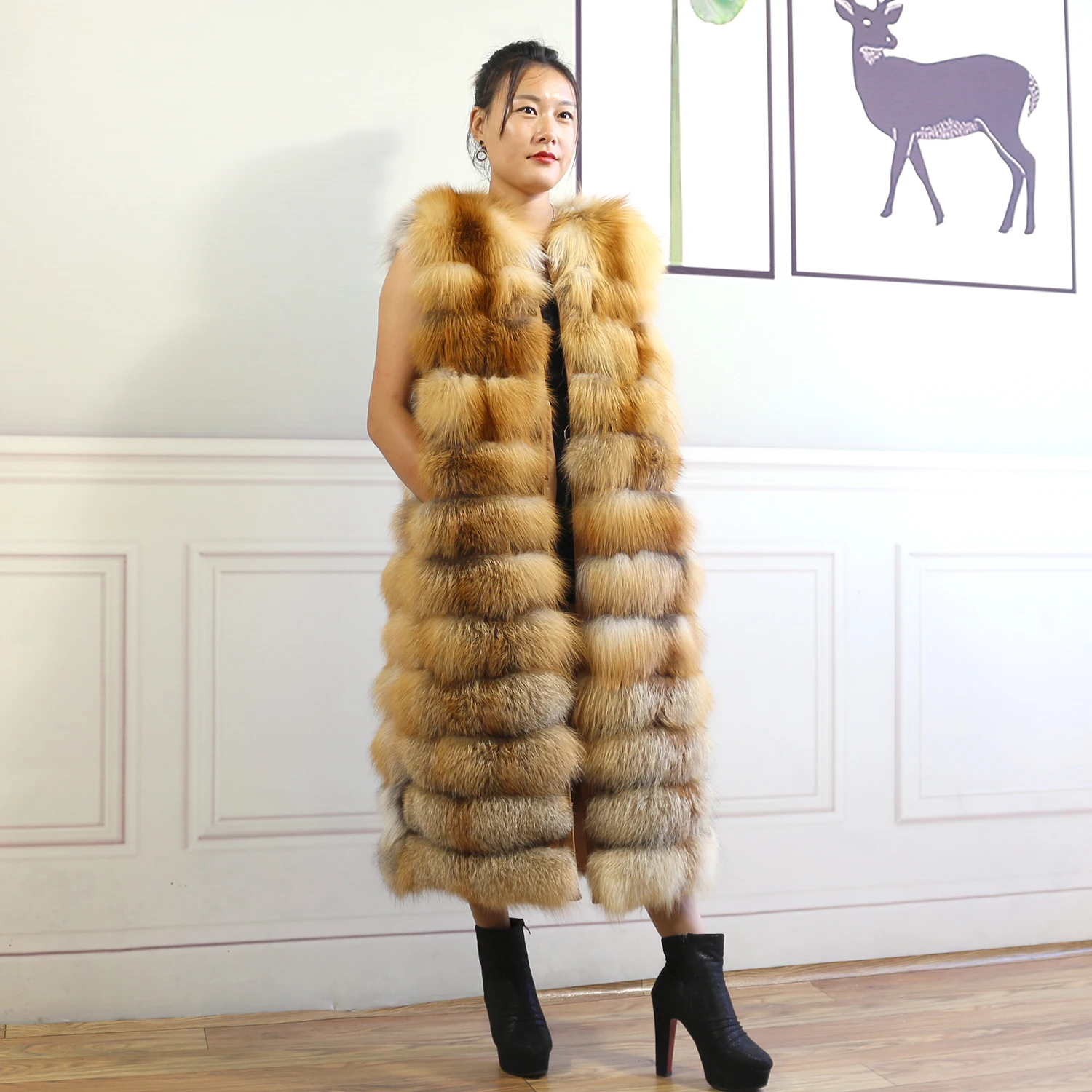 Длинный жилет из натурального меха Красной лисы белой серебра арктической на