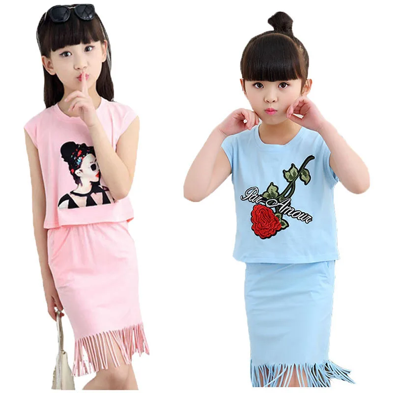 Летнее платье для девочек комплект одежды хлопковая футболка + юбка Детские