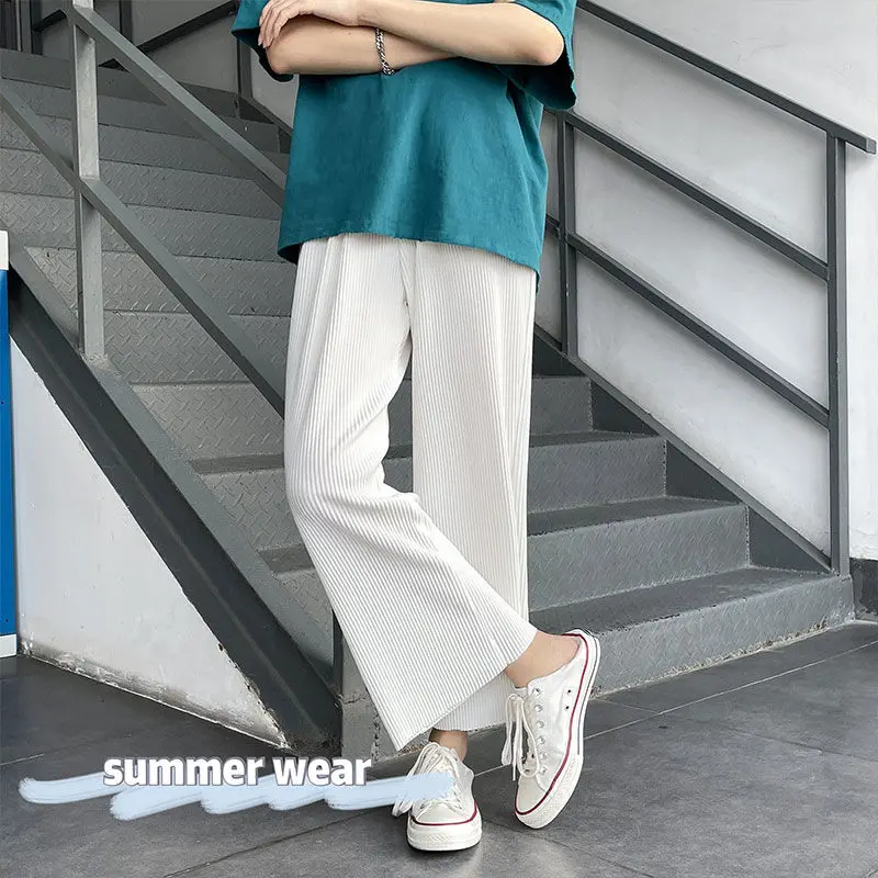 

Loose Wide Leg Pants Mens M-5Xl Pleated Men Fashion Solid Color Casual Stretch Waist Straight Trousers Man Streetwear Hip Hop