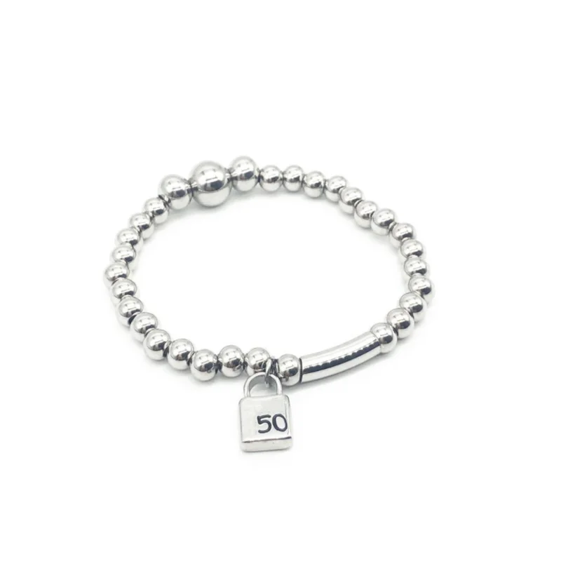 Fashion Stainless Steel Simple 6 8 10mm Bead Chain Lock Men Women Elastic Bracelet UNO Jewelry Pendant Gifts