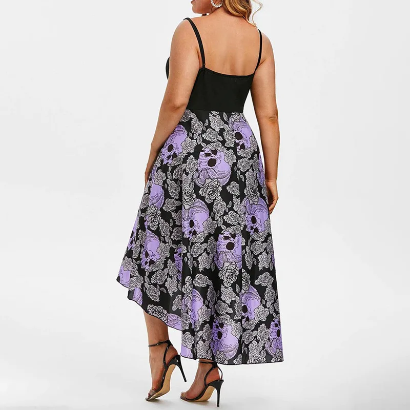 

Halloween Party Dress Women Stitching High Waist Irregular Robe Spaghetti Strap Dresses Punk Skull Gothic Sleeveless Fancy Dress