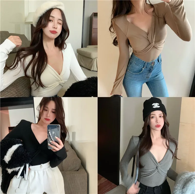 

GRUIICEEN 2021 Spring New Crossover Sexy V-Neck Tops Female Slim Long Sleeve Fashions Womens T-shirt