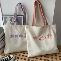 woman large capacity canvas shoulder bag smiley embroidered canvas tote handbags retro simple girl shopping bag