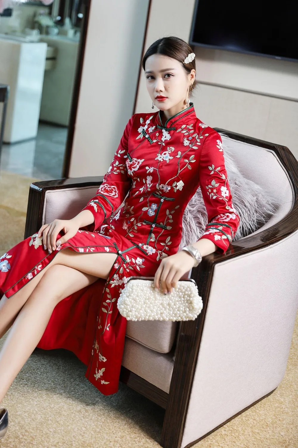 Свадебные вечерние традиционная китайская одежда с цветочной вышивкой qipao для женщин