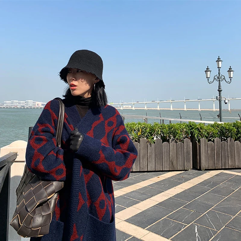 

Autumn Winter Woman Sweater Casual Knitted cardigan Patchwork Loose Long sweater Fashion female cardigan 2020 New