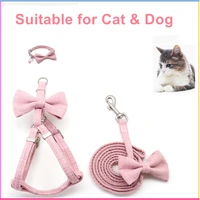 cute cat harness leash collar set adjustable soft bow double layer dog collar outdoor lead walking for spitz yorkshire terrier
