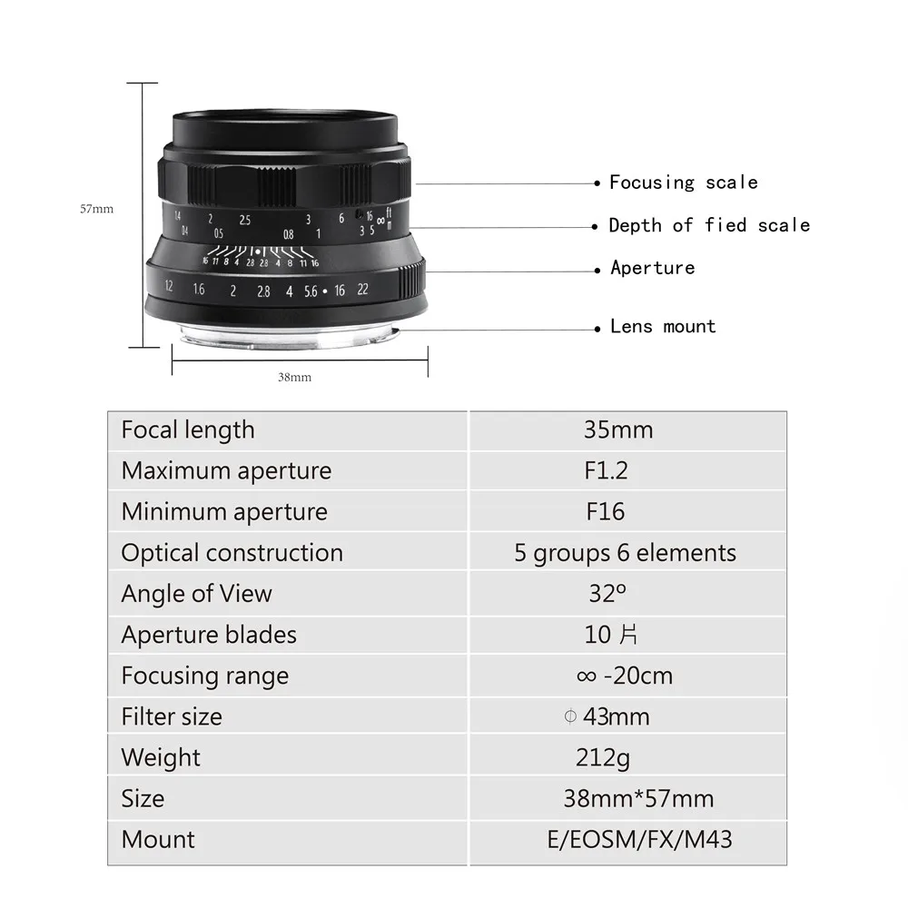 Brightin Star 35 мм F1.2 объектив основной ручной фокус Для беззеркальных камер Fujifilm Fuji X FX