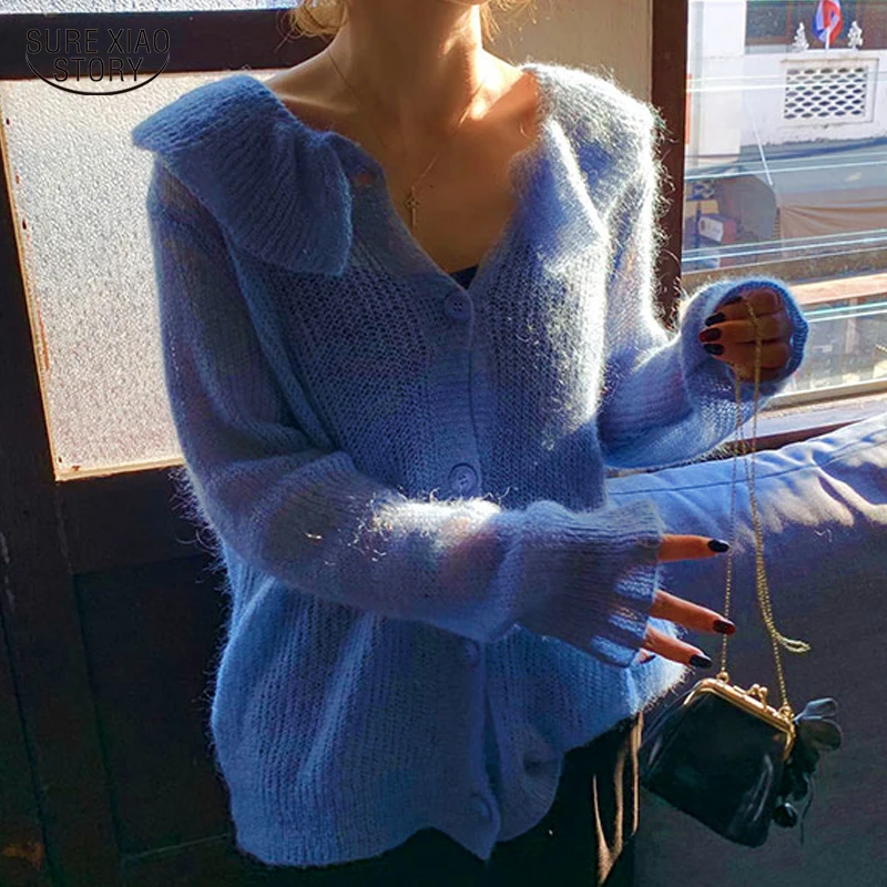 

2021 Knitted Cardigan Ruffled Top Autumn Winter Mohair Thin Loose Sweater Collar Sweet Jacket Woman Clothes Truien Dames 15947