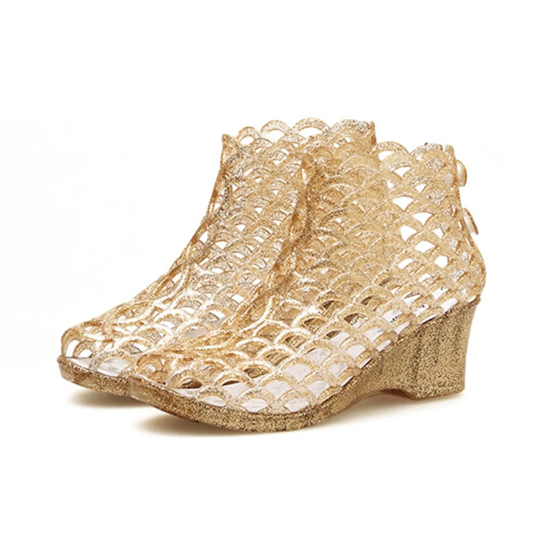 

High-Heeled Fish Mouth Sandals Women Buckle Crystal Glitter Pink Transparent Jelly Bird Nest Hollow Mesh Shoes Hole Shoes Women