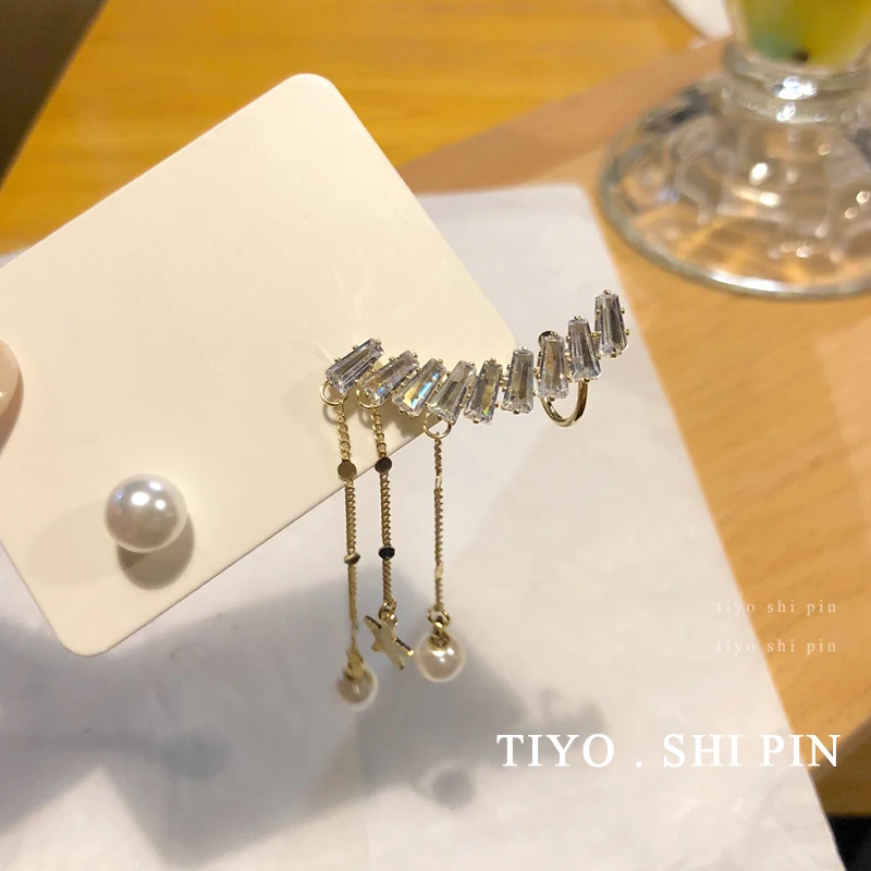 

New Asymmetrical Round Pearl Earrings Fashion Jewelry Thin Chains With Star High Quality Crystal Earrings For Women Jewelry