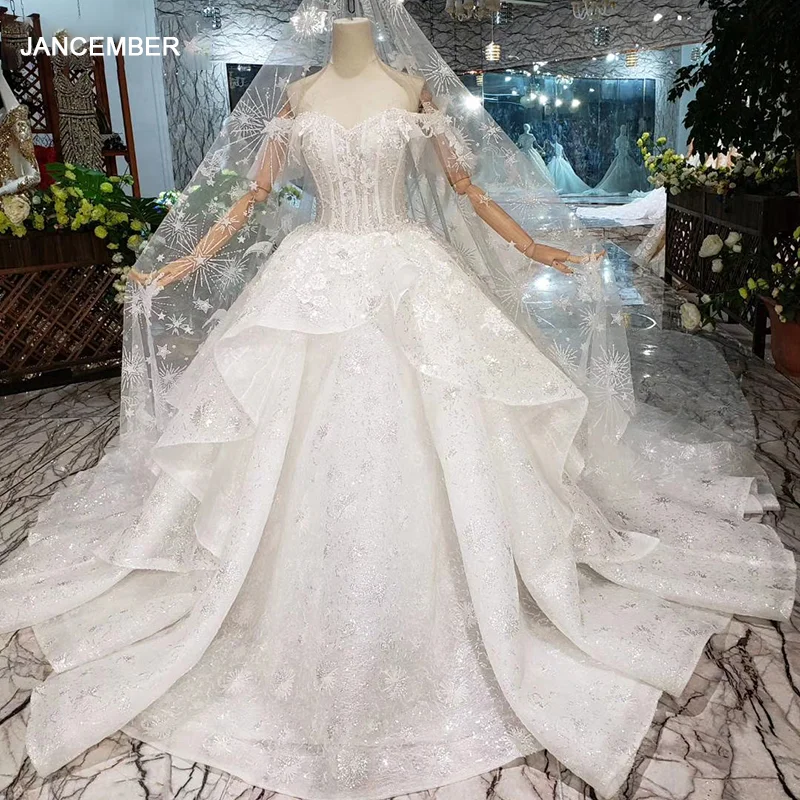 

HTL312 Ball gown tiered Wedding Dress with wedding veil sweetheart puffy shiny bridal dress suknia na wesele