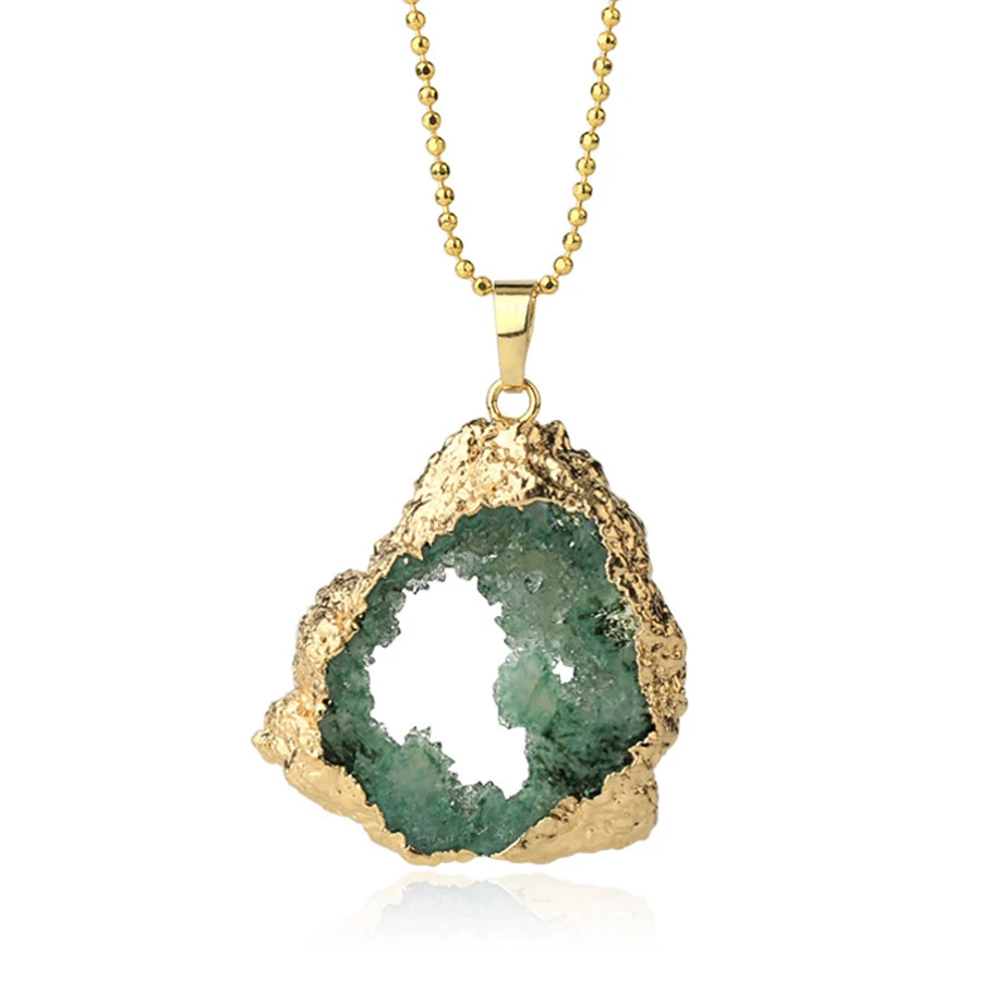 Геометрический Друза природного камня Geode кулон ожерелья для женщин золотой цвет