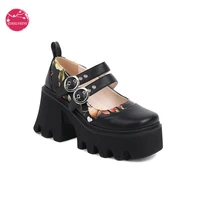 women thick heel gothic harajuk mary janes platform shoes square toe buckle strap printed leather dress pumps comfort cosplay