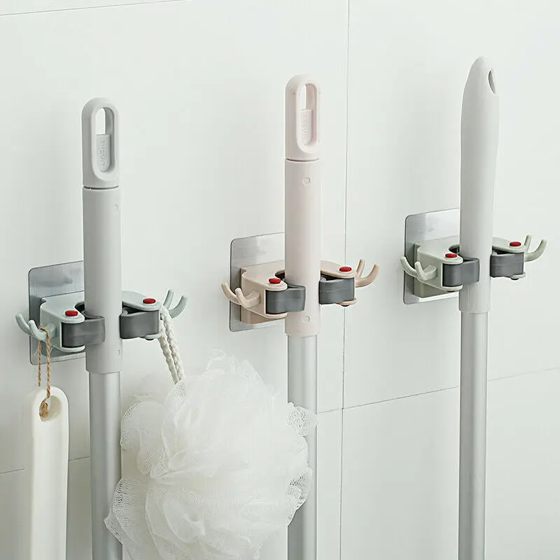 

4 color Wall Hanging Seamless Sticky Hooks Washroom Mop Clip Broom Storage Holders Clamp Rack