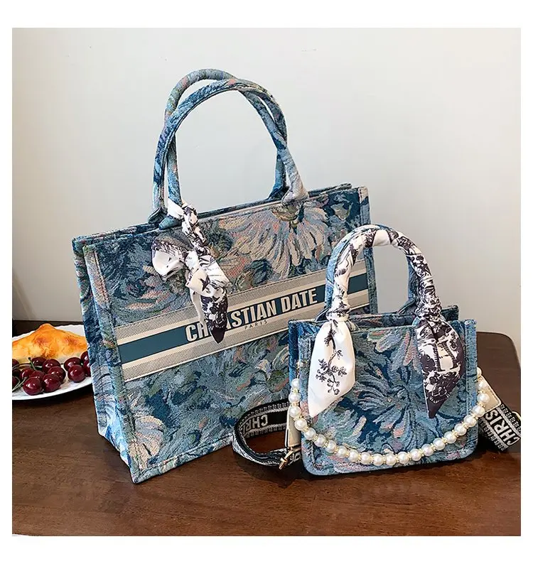 

2021 New Fashion Shoulder Handbag Luxury Embroidery Canvas Crossbody Bag Large Capacity Portable Shopping Travel Totes Bag