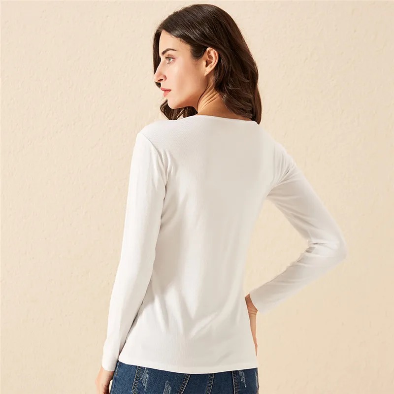 

2020 Cotton Women spring O Neck Pullover Long Sleeve T shirt Loose Leisure Buttons feminina Tee Female Tops Plus Size S-2XL