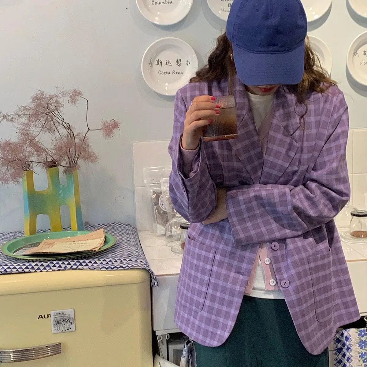 Пурпурный клетчатый блейзер для женщин милая уличная одежда универсальный