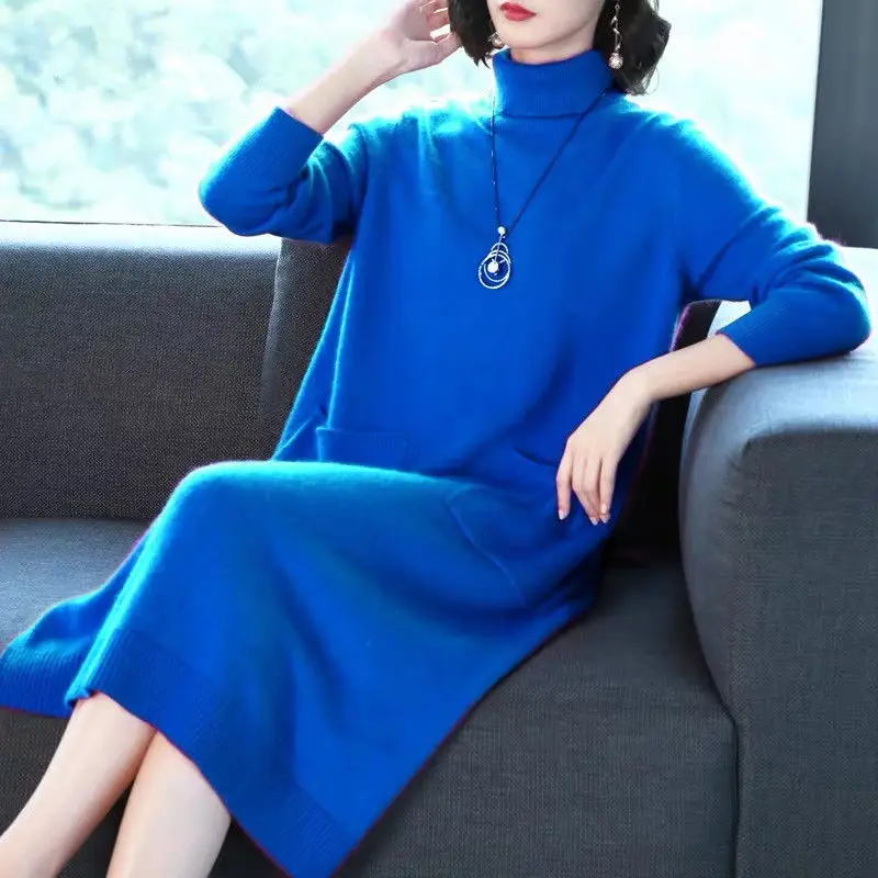 

2020 Spring Autumn Europe Women Solid Fashion Long Sleeve Kniting Dress Female Turtleneck Knee-Length Pullover Sweater Dress G76