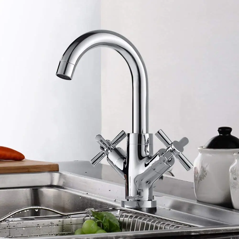 

Kitchen Sink Mixer Taps Monobloc Swivel Spout Twin Lever Cross Knobs Chrome Bathroom Basin Faucet