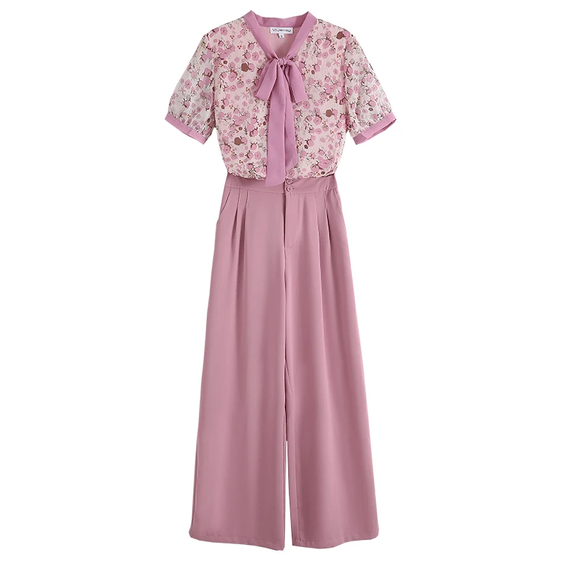 

Office Lady Formal Two Piece Set 2021 Summer Women Bowknot Collar Printing Shirt + Pink Elastic Waistline Straight Pant Suit