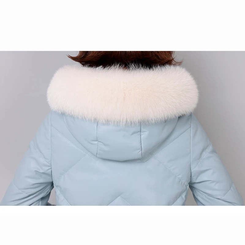 New Women Leather Overcoat Autumn Winter 2022 Fashion Real Fox Fur Collar Loose Long Sheepskin Down Jacket Leather Outerwear