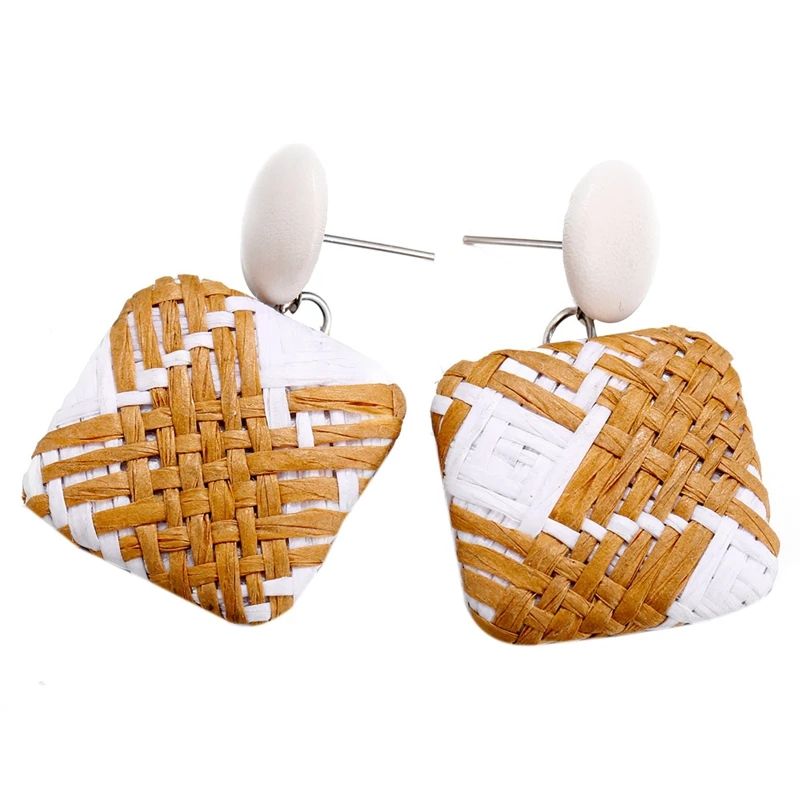 2 Pair Handmade Bohemian Wooden Rattan Wicker Straw Drop Earrings for Women Vintage Bamboo Statement Beige &amp Cam | Украшения и