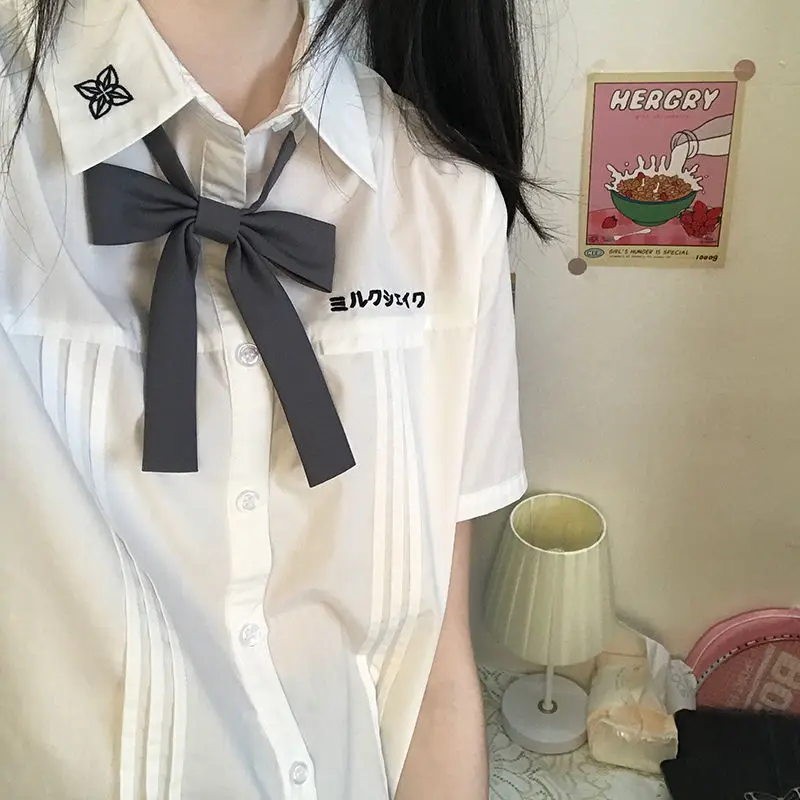 

Japanese JK Uniform Shirt Summer 2021 New Short Sleeve Turn-down Collar Embroidered Loose Casual Tops School Girl Outfit