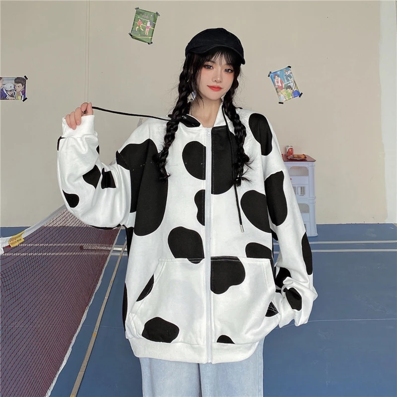 

Vintage Cow Pattern Print Zipper Hooded Jacket Women Spring Autumn Pockets Drawstring Hoodies Womens Outwear 2020 Oversized