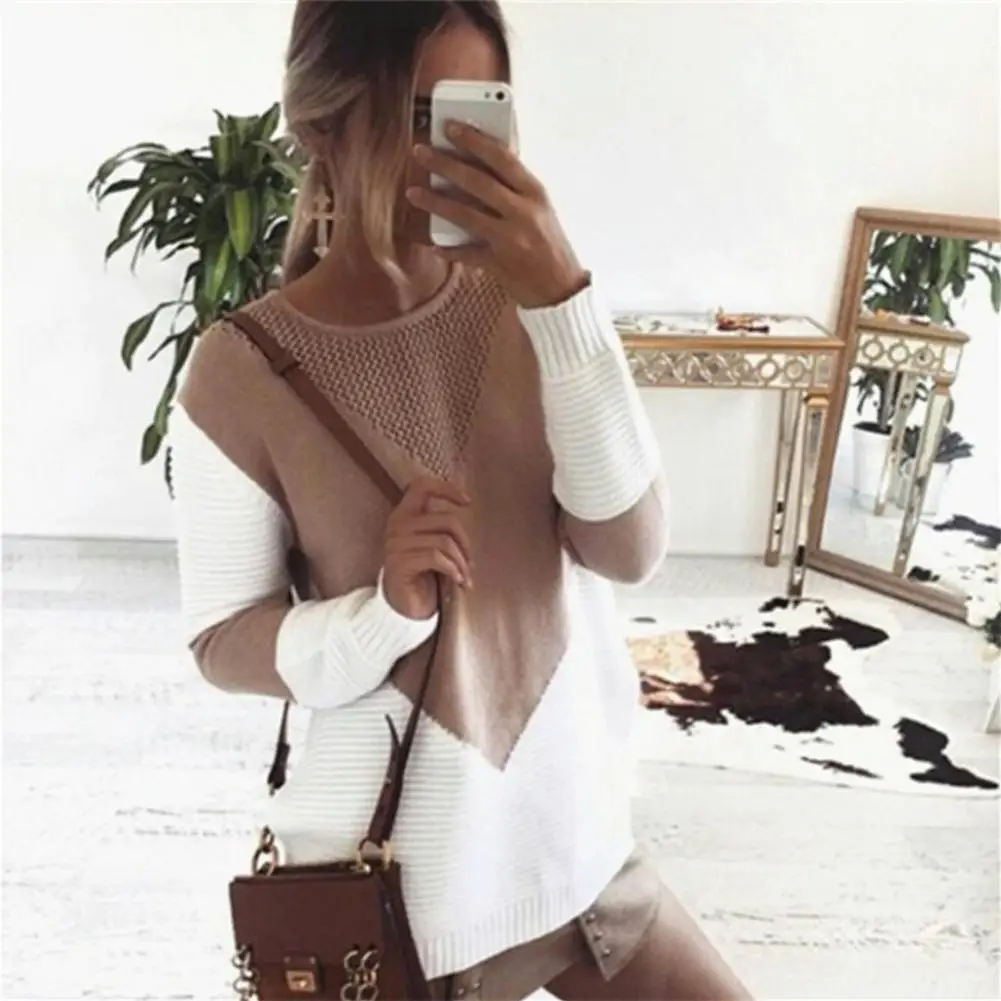 

Spliced Knit Sweater Autumn And Winter Loose Long-sleeved Pullover Striped V-neck Women's Hollow Top Sweater Knitted Pullov B7s8