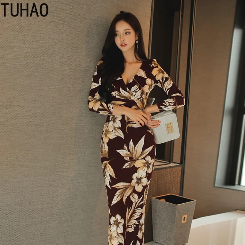 

Sexy V-neck Print Slim High Waist Bodycon Dress Woman TUHAO Fall Sheath Hip Package Bodycon Dresses Casual Boho Long Vestidos