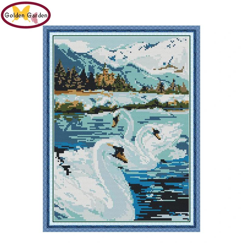 

GG Swan Lake Animail Joy Sunday Painting Cross Stitch Embroidery Needlework Kit Cotton Canvas 14CT Cross Stitch for Home Decor
