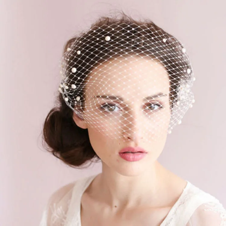 

2021 New Arrival Fascinator Headdress Pearls Wedding Veil Accessories Covered Face Short Bridal White Ivory One Layer