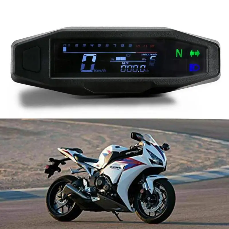 

12V Motorcycle LCD Digital Odometer Tachometer Gauge Sensor 1200RPM 5 Gear Oil Level Speedometer Black Color