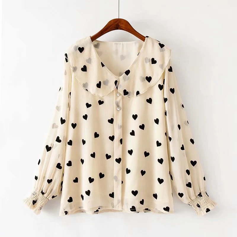

Plus Size Women's Heart Printed Blouse Long Sleeved Sweet Spring Summer Blusas Ladies' Officewear Tops