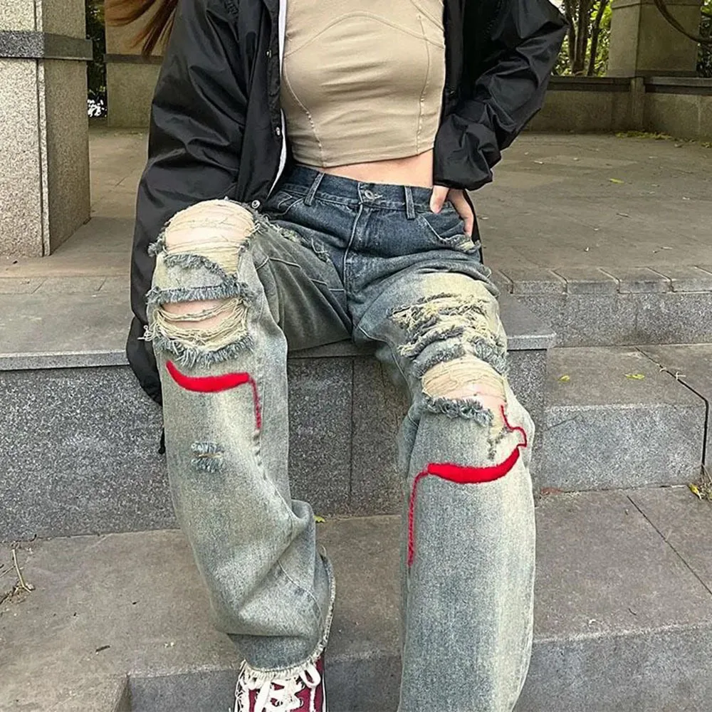 

2021 летние потертые рваные джинсы, прямые брюки, женские тонкие модные американские уличные джинсовые брюки в стиле хип-хоп для девушек