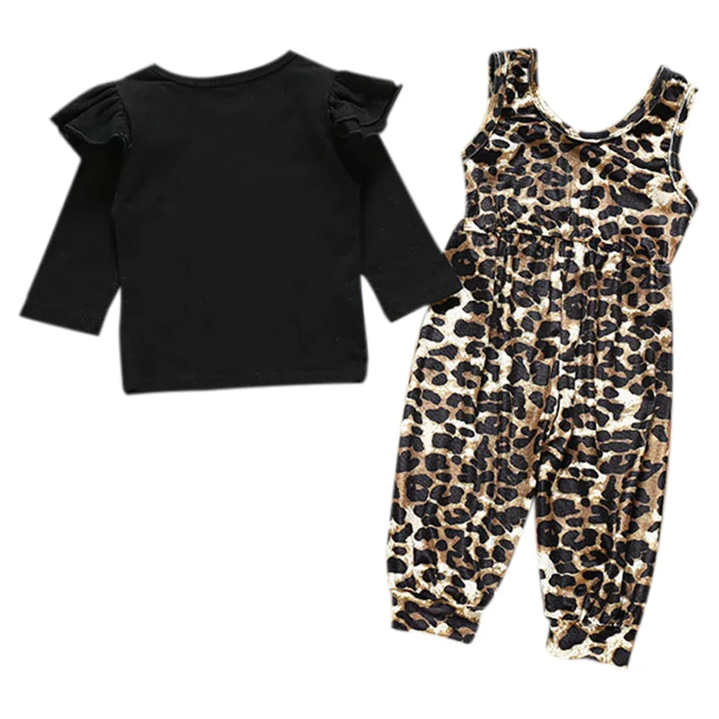 

New Autumn Baby Girl Casual Long Sleeve Tops T-shirt Leopard Suspenders Pants Outfits Set