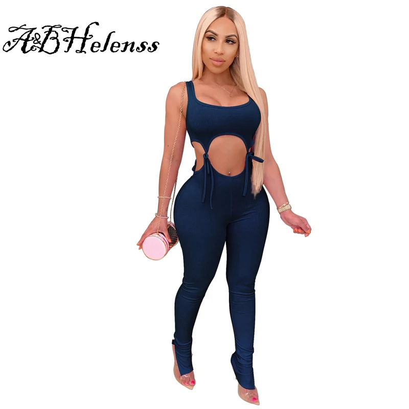 

A&BHelenss High Elastic Ribbed Lace Up Tie Two Piece Set Asymmetrical Tank Crop Top Pencil Pants Leggings Hollow Out Set