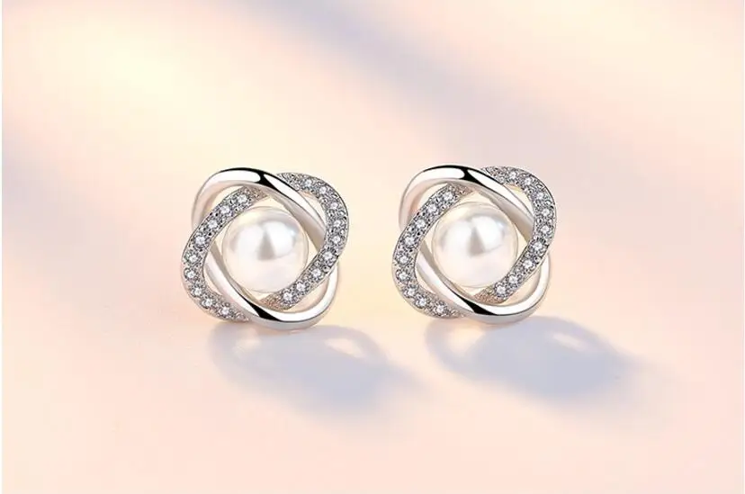

Upscale Silver Color Earrings Zircon Pearl Twist Luxury S925 Plata Stud Earrings for Women Brincos Pendientes Bijoux