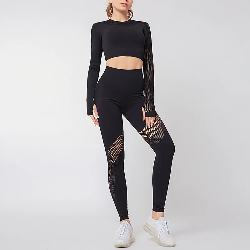 

New Arrival Women Seamless Yoga Set Stretchy Long Sleeve Breathable Crop Top High Waist Butt Lift Tight Pants Sports Twinset